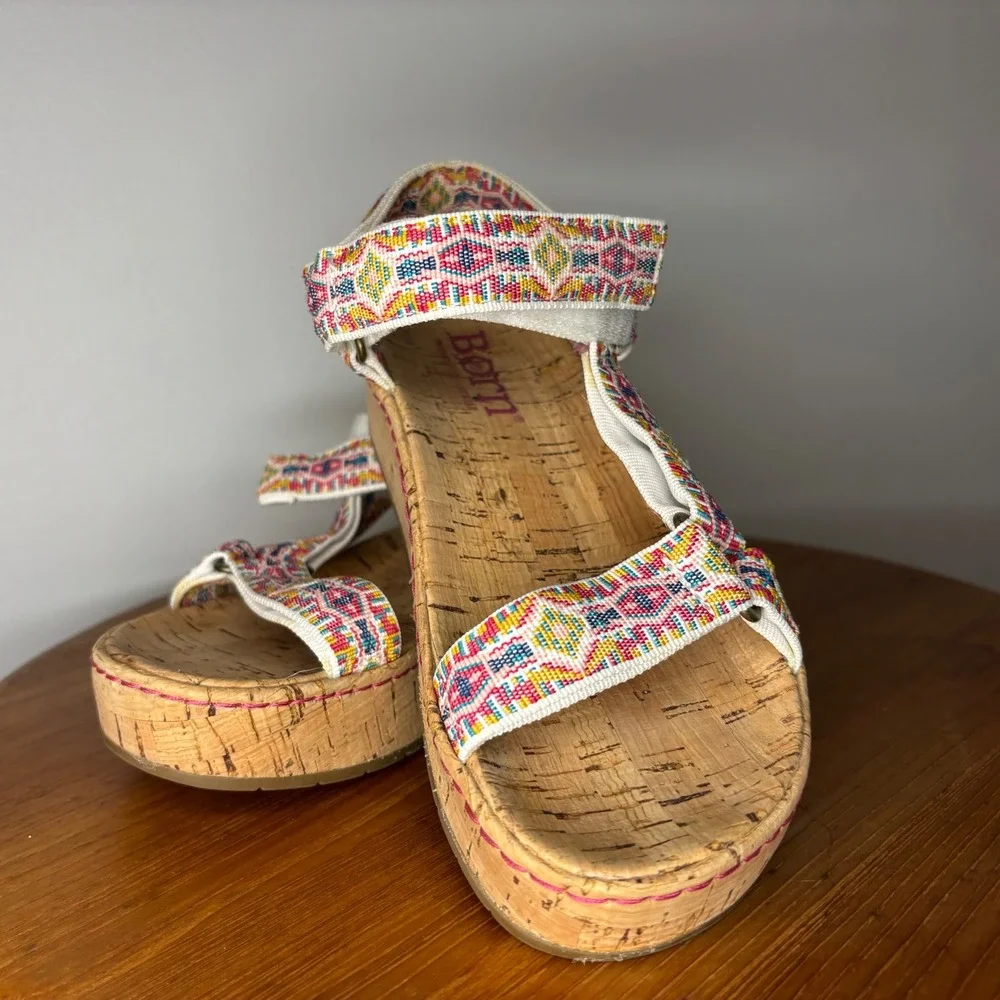 Born Sirena Multi-color Fabric Strap Cork Platform Sandals Women 7 Comfort Boho